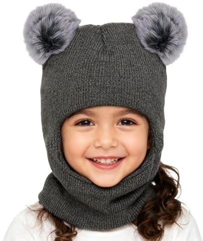 CERCTLA Kinder Wintermütze, Schlupfmütze Kapuze Weiche Schalmütze mit Doppelt Bommel Pom Pom Beanie Mütze für Outdoor, Multifunktions Thermo Winddichte Strickmütze Schalmütze für Babys Kinder