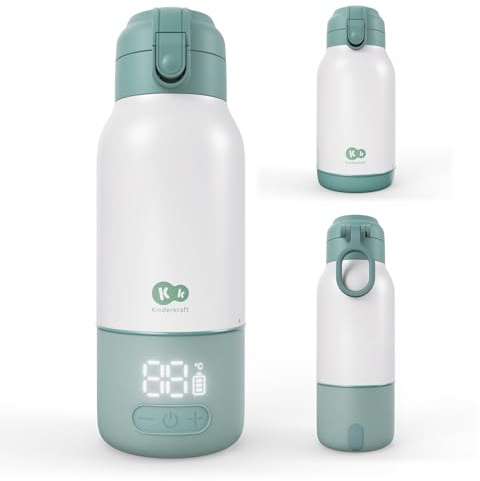 Kinderkraft GAJA, calentador de leche portátil y termo 2 en 1, 500 ml, para bebé y viaje, USB-C, 5 temperaturas, calentamiento rápido en 120 s, hasta 20 h, Verte