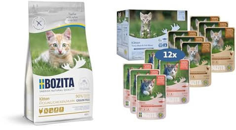 Bozita Kitten Getreidefrei Probierset mit 400g Trockenfutter + 12x85g Nassfutter im Portionsbeutel - Kitten & säugende Muttertiere unterstützt Wachstum & Gesundheit - Trockenfutter & Häppchen in Sauce