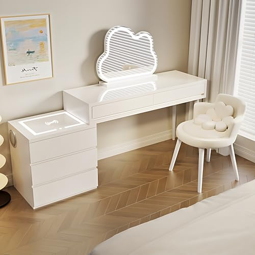 Modernt sminkbord med LED-spegel akryl och marmor 101 cm brett x 40 cm djup x 78 cm hög 2 lådor högtalare laddningsstation inkluderar stol.