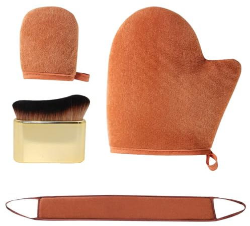 4 Pcs Self Tanning Applicator Set,Brown Self-Tanning Mitt and Mini Tanning Glove,Gold Face Tanning Brush,Back Tanner Applicator for Body and Face