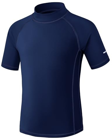 Kids Rash Vest Short Sleeve UPF 50+ Sun Protection Boys Swim Top UV Shirts Quick Dry Girls Rash Guard with Safety Reflective Stripes Age 5-15