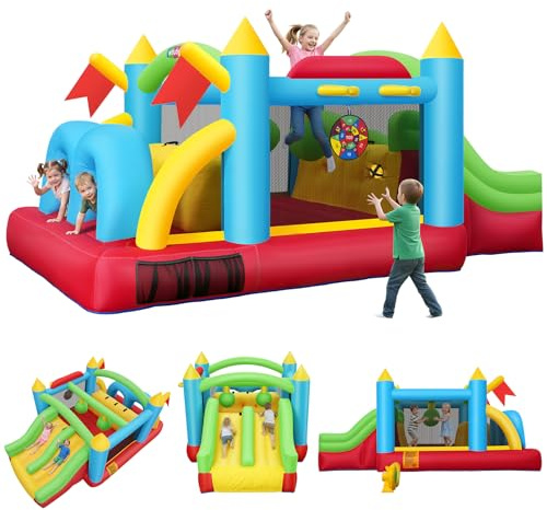 AKEYDIY Château gonflable pour enfants - 4,7 x 2,7 m - Parcours d'obstacles gonflable avec zone de saut, double toboggans, tunnels, murs d'escalade, paniers de basket-ball, cibles, château gonflable