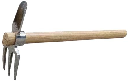 Stainless Steel Double Headed Pickaxe with Wooden Handle, Multifunctional Mattock Pickaxe for Loosening Soil Digging, Outdoor Gardening Tools (Mini 3-Prong Hoe)