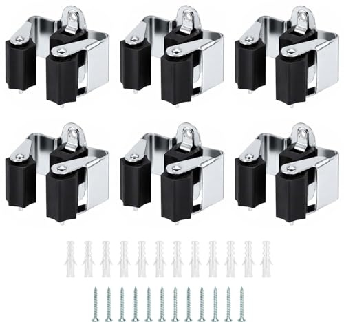 WOKICOR 6 Stück Besenhalterung Wand, Krückenhalter, Besen Halterung, Besenhalter - 0,7 mm Federstahl Klemmhalter für Stiele 18-32 mm, Schaufelhalter, Gerätehalter Wand, Gerätehalter Gartengeräte