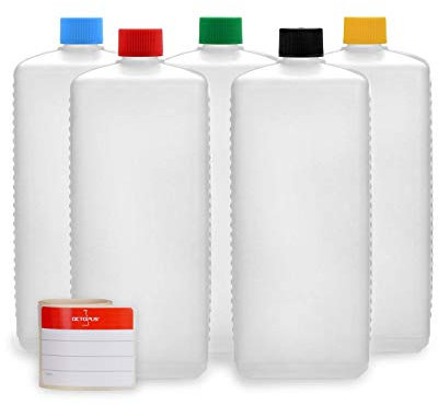 Octopus Bouteilles en plastique 5x 1000 ml, bouteilles en plastique PE-HD avec bouchon à vis de couleur vive, bouteilles vides avec bouchons à vis colorés, bouteilles carrées, étiquettes incluses