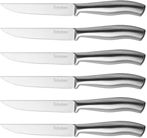 isheTao Steak Knives Set of 6 - Dishwasher Safe, Rust-Free Stainless-Steel Steak Knives with Sharp Serrated Edge & Ergonomic Non-Slip Handle, Rust-Proof & Scratch-Resistant