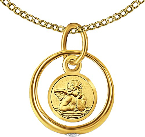 CLEVER SCHMUCK Goldenes Taufkettchen Mini Taufring mit Schutzengel rund Zirkonia weiß Kette Weitpanzer 34 cm beides 333 Gold 8 Karat im Schmucketui