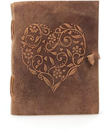 Moonster Leder Notizbuch mit Herz Prägung - 240 Seiten aus blanko säurefreiem Baumwollpapier - Handgemachtes retro Tagebuch, Journal, Skizzenbuch, Handlettering Buch, Fotoalbum, Poesiealbum, Notizheft