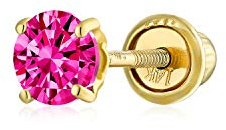 Minimalist Tiny Cubic Zirconia Red Fuchsia Pink Simulated Ruby CZ Round Helix Cartilage Ear Lobe Piercing Daith Round Solitaire 1 Piece Stud Earring Real Yellow Gold Screw back 3MM
