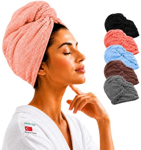 pamuq ® Haarturban aus 100% Baumwolle (Koralle) – 2er Set Haarhandtücher mit Knopf, schnelltrocknendes Haartrockentuch für nasse & Lange Haare, weiches Turban Handtuch Damen