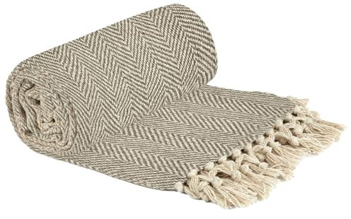 Emma Barclay Herringbone - Recycled Cotton Patterned Chair Sofa Setee Bed Throw Over Blanket in Natural - 50x60 (127x152cm)