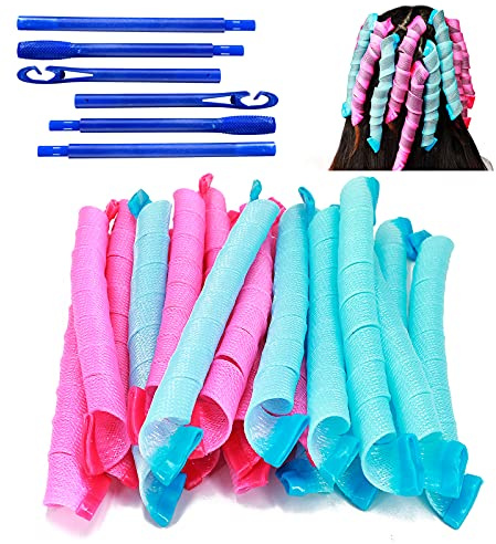 Rizadores de Pelo sin Calor, 40 Piezas Rizadores de Pelo en Espiral Durante la Noche sin Calor con Ganchos de Peinado, Rulos, Herramientas de Peinado para Mujeres (Azul y Rosado, 55 cm)