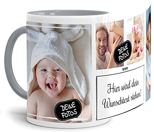 Foto-Tasse selbst gestalten mit Text & Collage für 4 Fotos - Geschenk für Familie, Freunde, Geburtstag, Weihnachten - Keramik Innen & Henkel Grau, 300 ml I Personalisiert