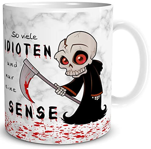 TRIOSK Tasse So viele Idioten und nur eine Sense mit Sensenmann Spruch lustig Fun Horror Geschenk für Arbeit Büro Kollegen Männer Frauen Weiß, Keramik 300ml