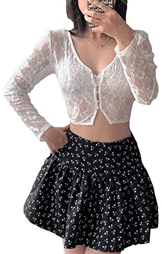 Loalirando Crop-Top Boléro Femme en Dentelle à Manches Longues Chemise Court Sexy Transparent (Blanc, S)