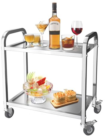 MOOTACO Chariot de Service INOX Service desserte de Cuisine à roulettes avec roulettes, 2 étagères, Chariot de Restaurant (75 * 40 * 83.5cm)