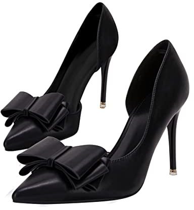 Womens Bow Heels Closed Pointed Toe Dress Shoes Stiletto Slip on Wedding Pumps Black