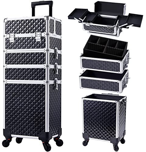 Maletin Maquillaje Maleta Maquillaje Profesional Ruedas Maleta 4 en 1 Maletín Cosmetica Gran Capacidad Caja Maquillaje Maletin para Guardar Maquillaje con Cerradura Organizador de Maquillaje, Negro