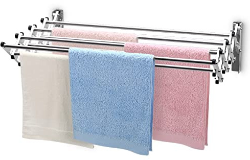 GOPLUS Wäscheständer zur Wandmontage mit 8 Edelstahlstangen, Handtuchhalterung zum Trocknen für Badezimmer, zusammenklappbarer Wäschetrockner, Tragkraft 25 kg