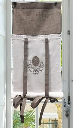 Autrefois Rideau Enrouleur et Brise bise, Lin brodé, Voilage Broderie, Style Charme, Petit Rideau Fin, Decoration pour fenetre de Cuisine, Salle de Bain, Salon, French Style, Royal (Lin, 45 x 160 cm)