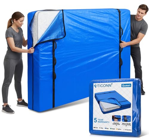 TICONN Mattress Bags for Moving, Heavy Duty Queen Mattress Cover Storage Bag with Full-Around Handle and Adjustable Buckles (Blue, Queen)