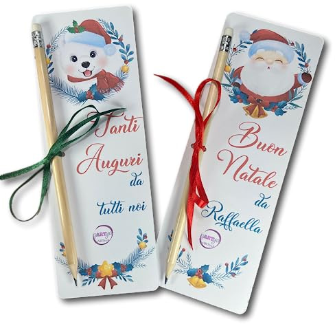 Segnalibro Natalizio con Matita Personalizzato, Set 10 Pezzi | Babbo Natale, Renne, Orsetti e Cagnolini, Cartoncino, Con Nome, Frase e Data, Segnaposto, Gadget Natale