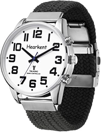 Orologio parlante con voce tedesca e numeri grandi, regolazione automatica per ipovedenti, ciechi o anziani, taglia uomo, Nylon nero, Classico