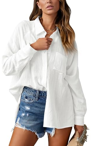NONSAR Camicetta elegante da donna con scollo a V, a maniche lunghe, casual, con tasca, bianco, XXL