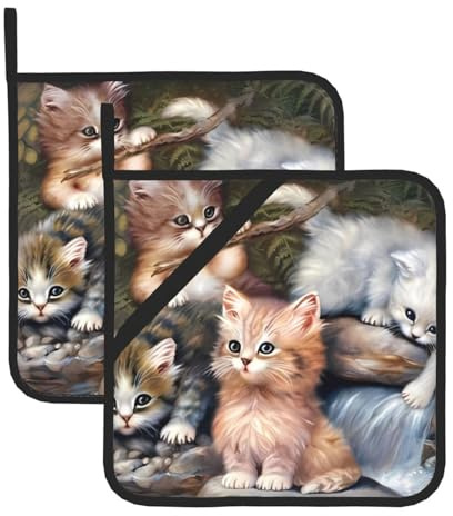 Topflappen mit niedlichem Katzenmotiv, hitzebeständig, rutschfest, mit Taschen, für Küche, Kochen, Backen, Grillen, 2 Stück