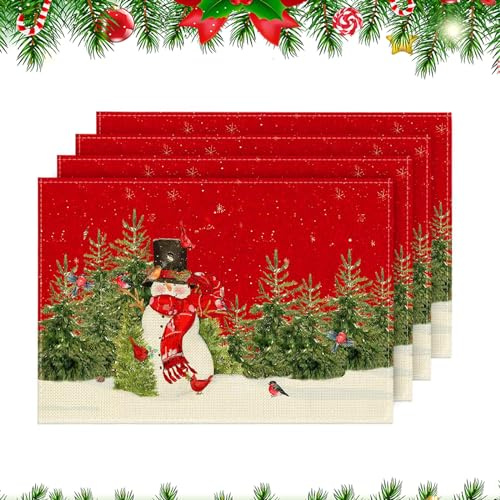 Funmo Tischsets Weihnachten, 4er Set, Rot Platzsets für die Küche rutschfest Hitzebeständig und Waschbar Platzdeckchen, Tischset für Weihnachtsfeier, Schneemann Platzsets