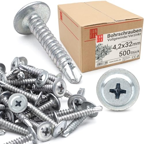 LUN FIX Selbstschneidende Schrauben 4,2 x 32 mm 500 Stk PH2 Tellerkopf | Bohrschrauben Selbstbohrende Aus Stahl Verzinkt Metallschrauben Für Blech Holz Alu