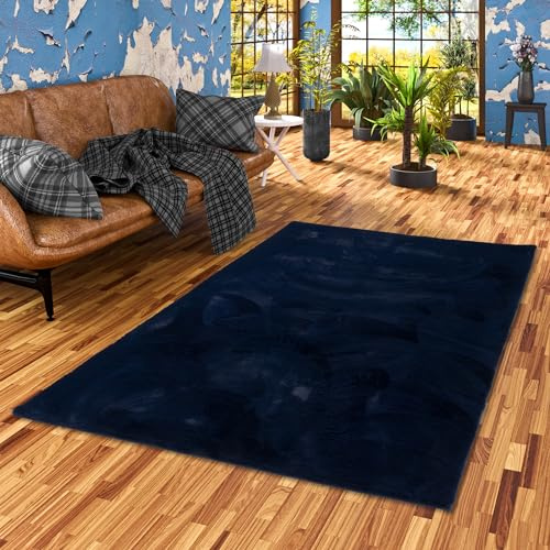 Pergamon Luxus Super Soft Kunst Fellteppich Plush Dunkelblau | Super Flauschig | Wohnzimmer Schlafzimmer Kinderzimmer