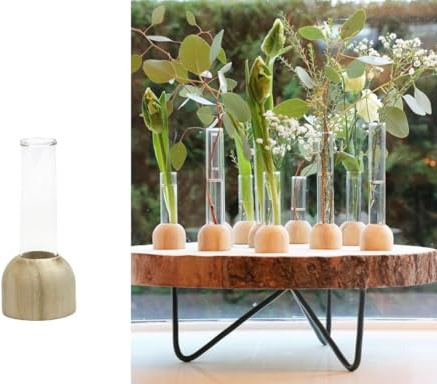 NaDeco Reagenzglas Vase aus Holz, Packung mit 2 Stück, in Zwei Größen wählbar | Reagenzgläser für Blumen | Hydroponische Vase | Dekovase | Glasvase mit Ständer | Glasvase Zylinder, Größe:h.10 Ø2cm
