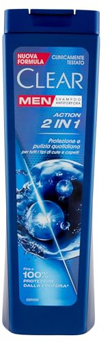 Clear Shampoo Action 2in1, Shampoo Antiforfora con Niacinamide ed Agenti Attivi Condizionanti, Shampoo Uomo Adatto per Uso Quotidiano, Fino a 100% Protezione dalla Forfora*, Formato 225ml