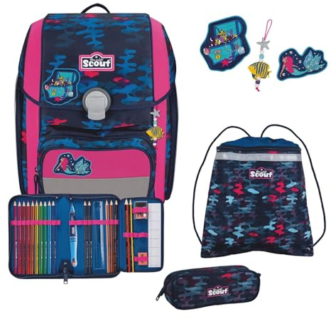 SCOUT Schulranzen Basic Genius Set 4-teilig Magic Sea dunkelblau