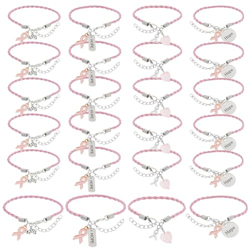 PH PandaHall 24Pcs Bracelets de cancer du sein bracelet en cuir, Bracelet tressé réglable Cordons en cuir de ruban rose pour femmes filles, octobre, Bijoux de cancer du sein de chasse