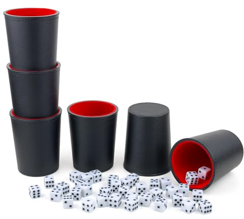 Gesserit Mit Filz ausgekleidetes PU-Leder-Würfelbecher-Set, 6 leise Würfelbecher mit 30 Würfeln für Bar-Party Yahtzee Farkle Würfelspiele, Rot und Schwarz