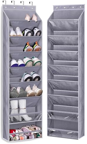 MISSLO Over Door Shoe Organiser Storage, Large Over Door Organizer 8 Shelves, Hanging Shoe Rack Holder Narrow Shoe Hanger with Deep Pockets for Closet fit 20 Pairs Sneakers, Boots, Grey