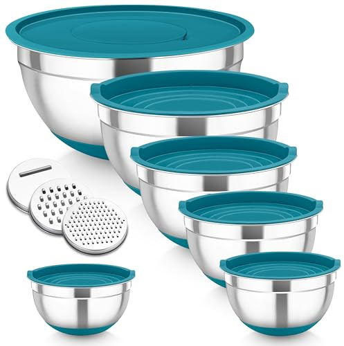 Homikit Mixing Bowls Set of 6, Stainless Steel Salad Bowls with Airtight Lids & 3 Grates, Metal Nesting Bowls for Mixing/Baking/Storing, Silicone Base - 0.7/1.2/1.6/2.5/2.8/4.6L (Dark Blue)