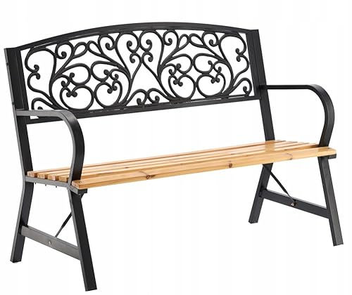 VBChome Gartenbank 120 x 56 x 87 cm Schwarz - Naturholz Sitzbank Trägt Max 150 kg Metall Stahl Rahmen Garten Balkon Terrasse Parkbank Klassischer Stil