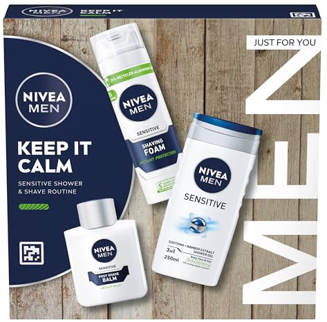 NIVEA MEN Keep It Calm Gift Set (3 Products), Men's Skincare Gift Set for Sensitive Skin with Shower Gel, Shaving Foam, and Post Shave Balm