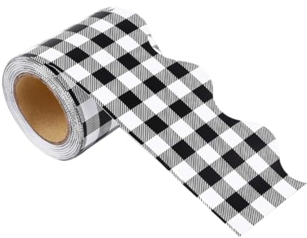 Rollo de Adhesivo Decorativo para Borde de Tablón de Anuncios Escolar | Papel Revestido Recortable, Fijación sobre Superficies Lisas, Diseño Ajedrezado Blanco y Negro para Aulas y Oficinas