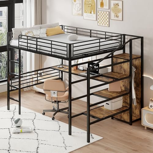 WIZBED Metall Hochbett 140x200cm mit Schreibtisch & offener Kleiderschrank & Regal, Eisenrahmen Kinderbett mit Rausfallschutz, Metallbett Etagenbett, Ohne Matratze (Schwarz A, 140x200)