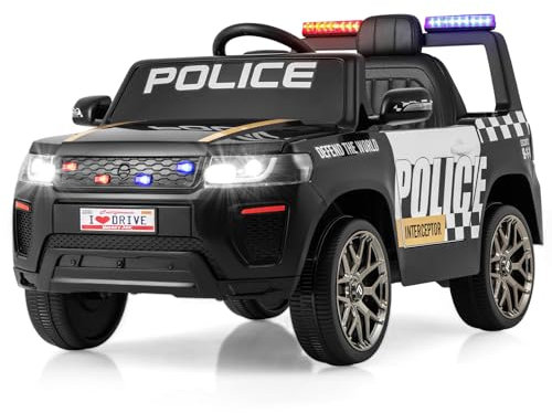 COSTWAY Kids Electric Ride on Police Car, 12V Battery Powered Cop Car with Remote Control, Wireless Connection, Music, Horn, Siren Flashing Lights, for 3-8 Years Old Boys Girls (Black)
