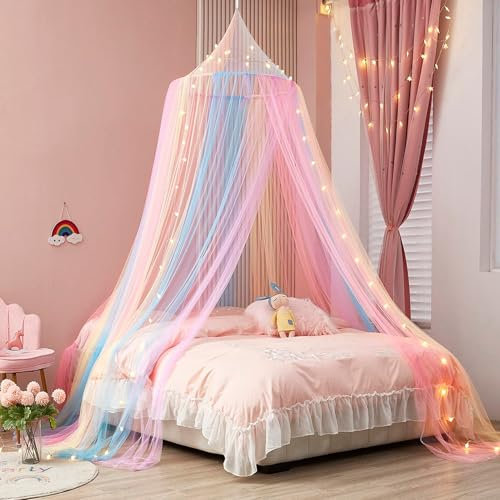 Bed Canopy for Girls, Rainbow Bed Tent Princess Bed Canopy Hanging Mosquito Net for Bed Room Décor Kids Fairy Dream Play Tent