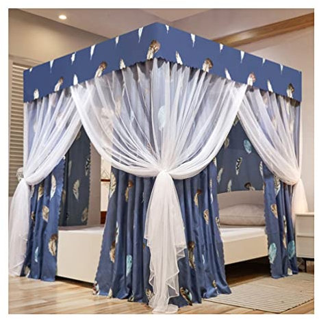 CZAOERXB Quadratischer Betthimmel, Doppellagiges staubdichtes Verdunkelungsvorhang-Moskitonetz-Set, Schlafzimmerdekor für Einzel- und Doppelbett (Farbe: Blau-3, Größe: 180 x 200 cm)