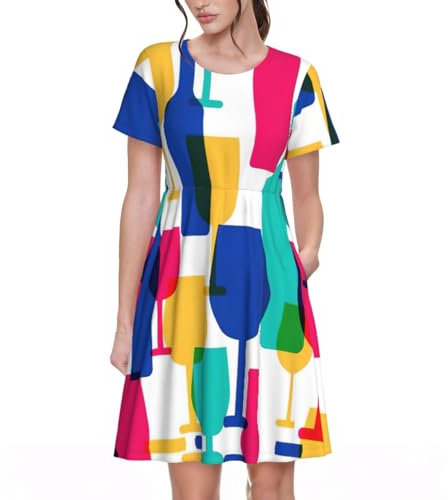 UVBDF Verres à cocktail et bouteilles de vin - Robe d'été décontractée pour femme - T-shirt à manches courtes - Cache-maillot de plage avec poches, Noir , XXL