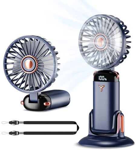 GEMWON Handheld Fan Portable,Up to 13 Hrs 20DB Quiet Mini USB Rechargeable Hand Held Fans with Lanyard and Base, Battery Operated Electric Foldable Small Desk Fan with 5 Speed for Home Office Travel