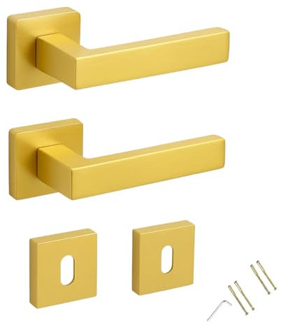Coppia Maniglie Quadre per Porta Interna - Finitura Oro Satinato - Design Moderno in Acciaio, Rosetta Inclusa, Facile Installazione, Ideale per Camere, Uffici, Bagni e Hotel